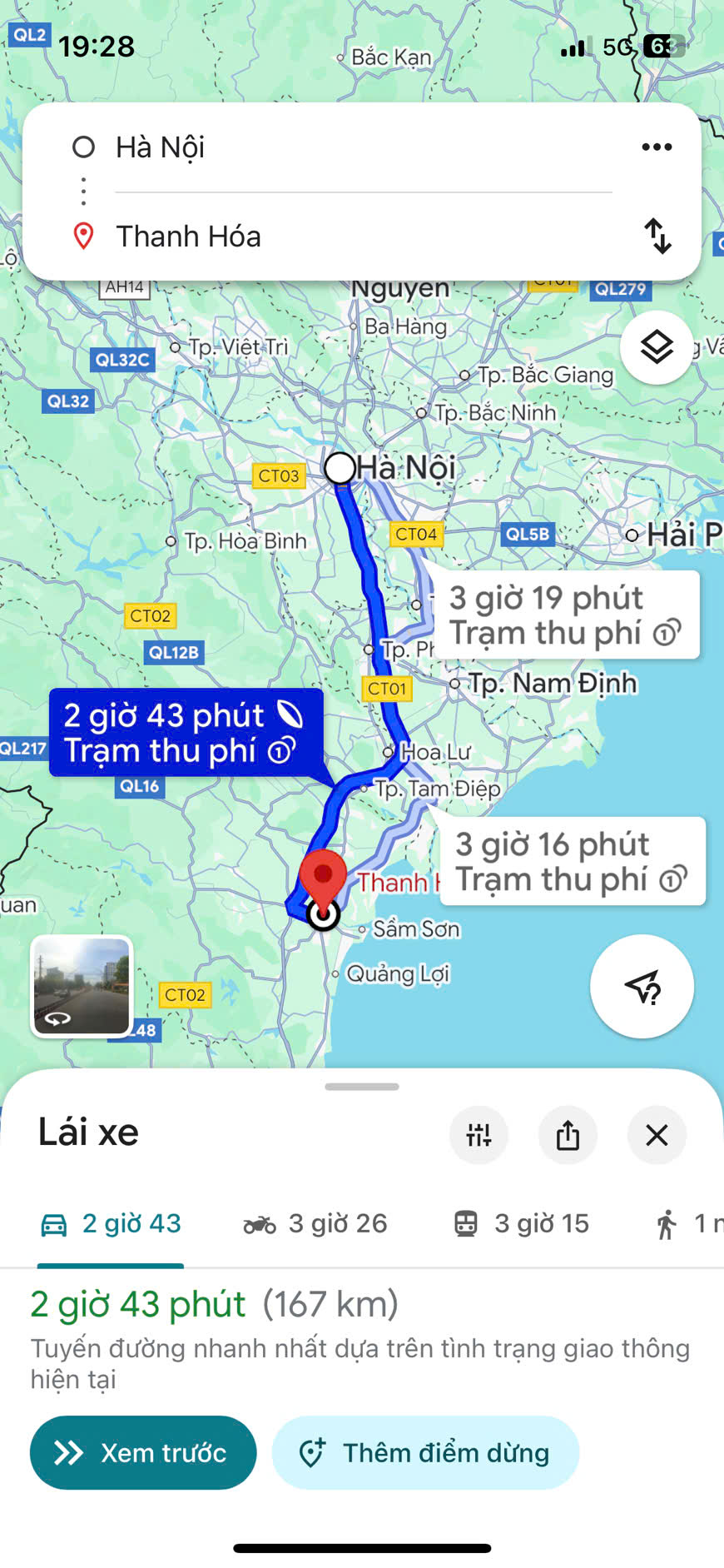 Hình ảnh minh họa khoảng cách từ Hà Nội đến Thanh Hóa trên Google Maps