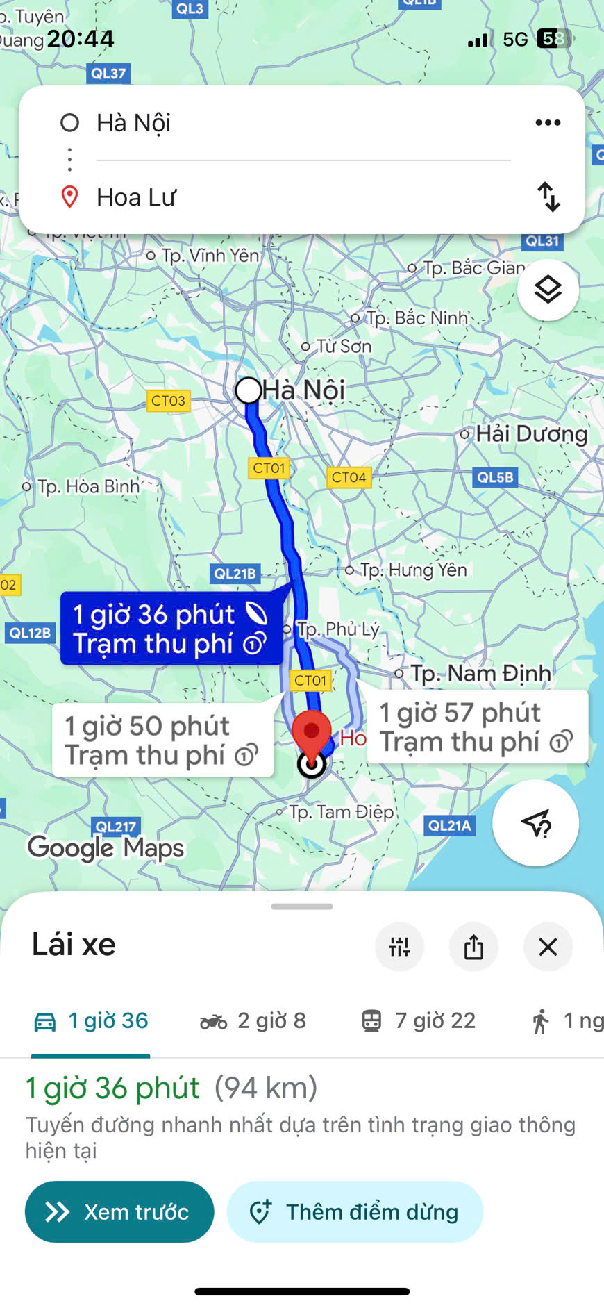 Hình ảnh minh họa khoảng cách từ Hà Nội đến Ninh Bình trên Google Maps