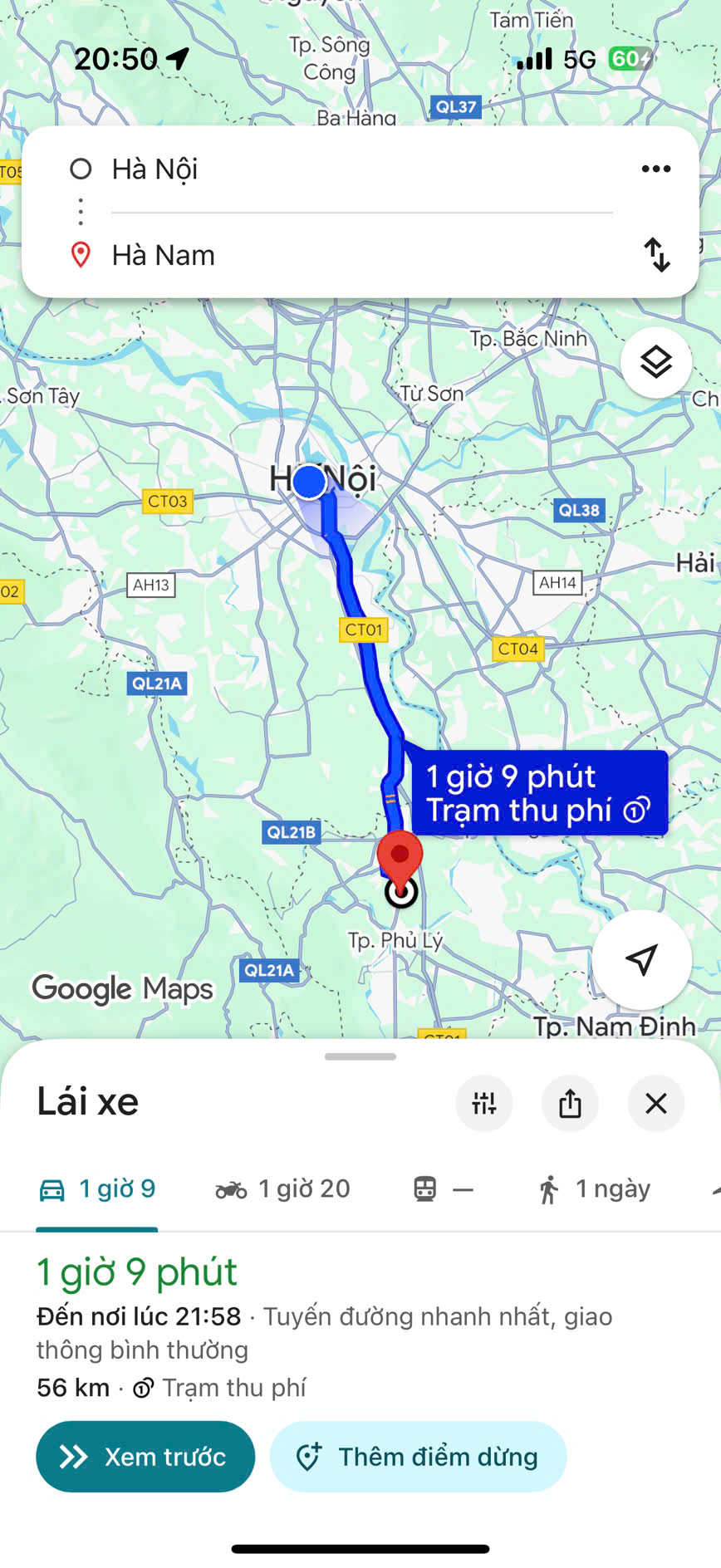 Hình ảnh minh họa khoảng cách từ Hà Nội đến Hà Nam trên Google Maps