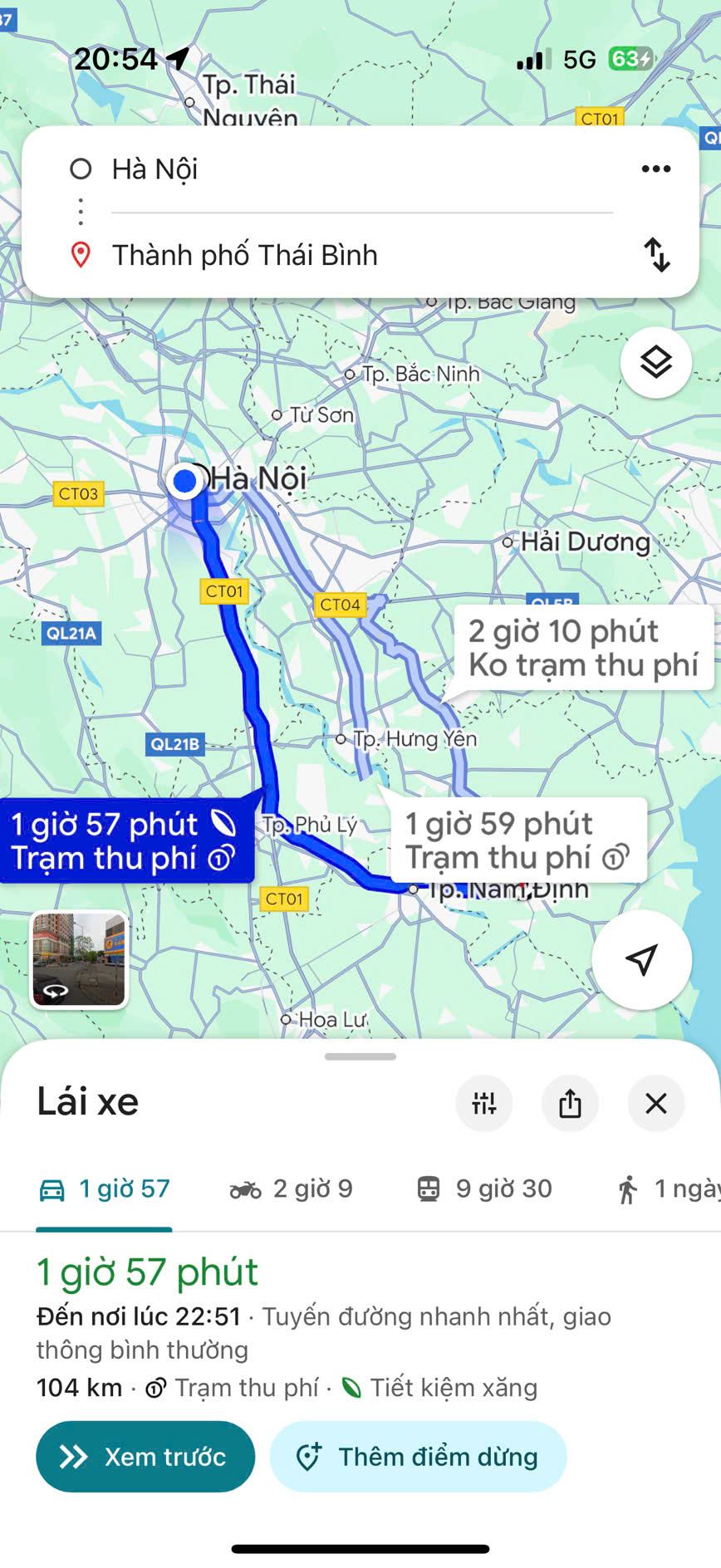 Hình ảnh minh họa khoảng cách từ Hà Nội đến Thái Bình trên Google Maps