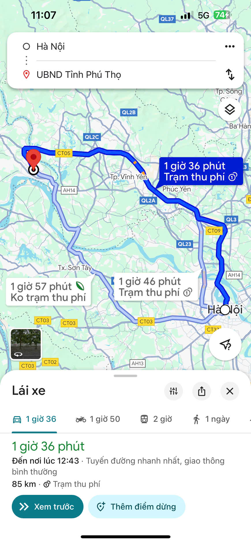 Hình ảnh minh họa khoảng cách từ Hà Nội đến Phú Thọ trên Google Maps