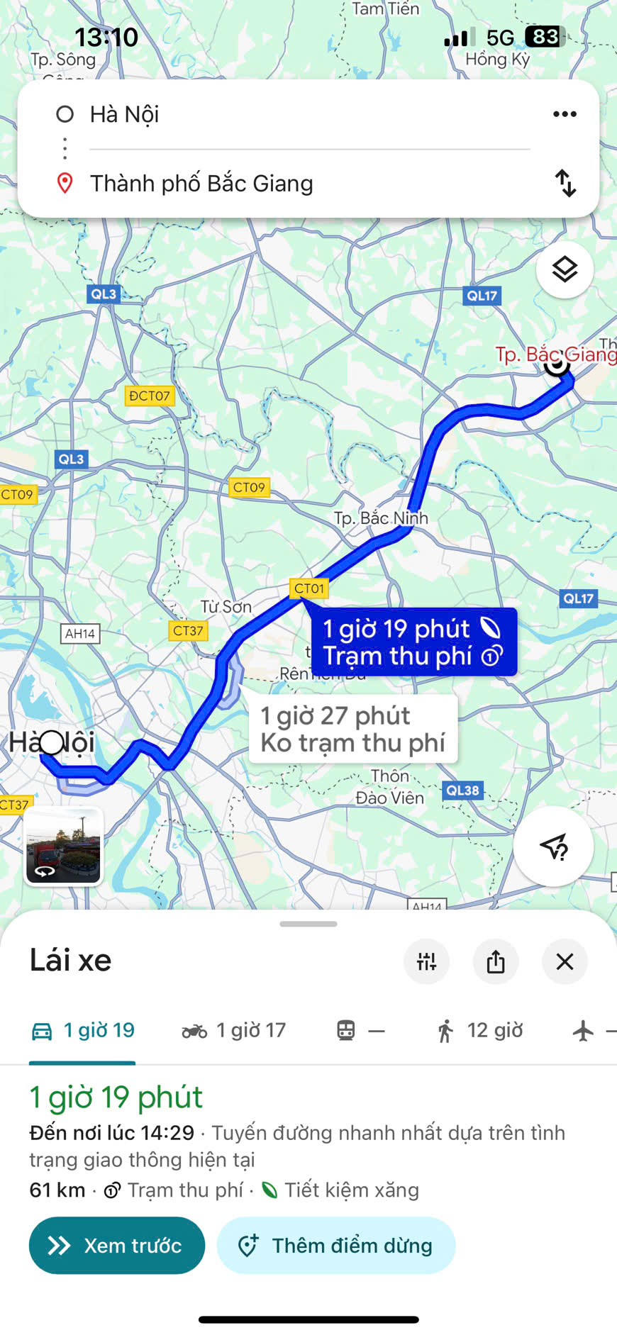 Hình ảnh minh họa khoảng cách từ Hà Nội đến Bắc Giang trên Google Maps