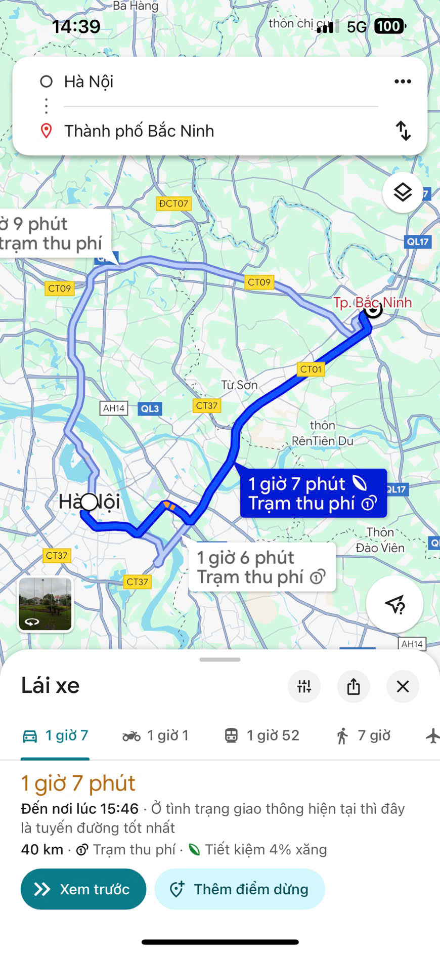 Hình ảnh minh họa khoảng cách từ Hà Nội đến Bắc Ninh trên Google Maps