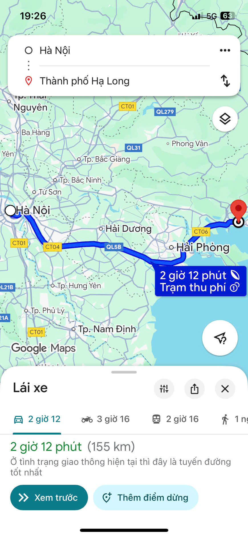 Hình ảnh minh họa khoảng cách từ sân bay Nội Bài đến Hạ Long trên Google Maps