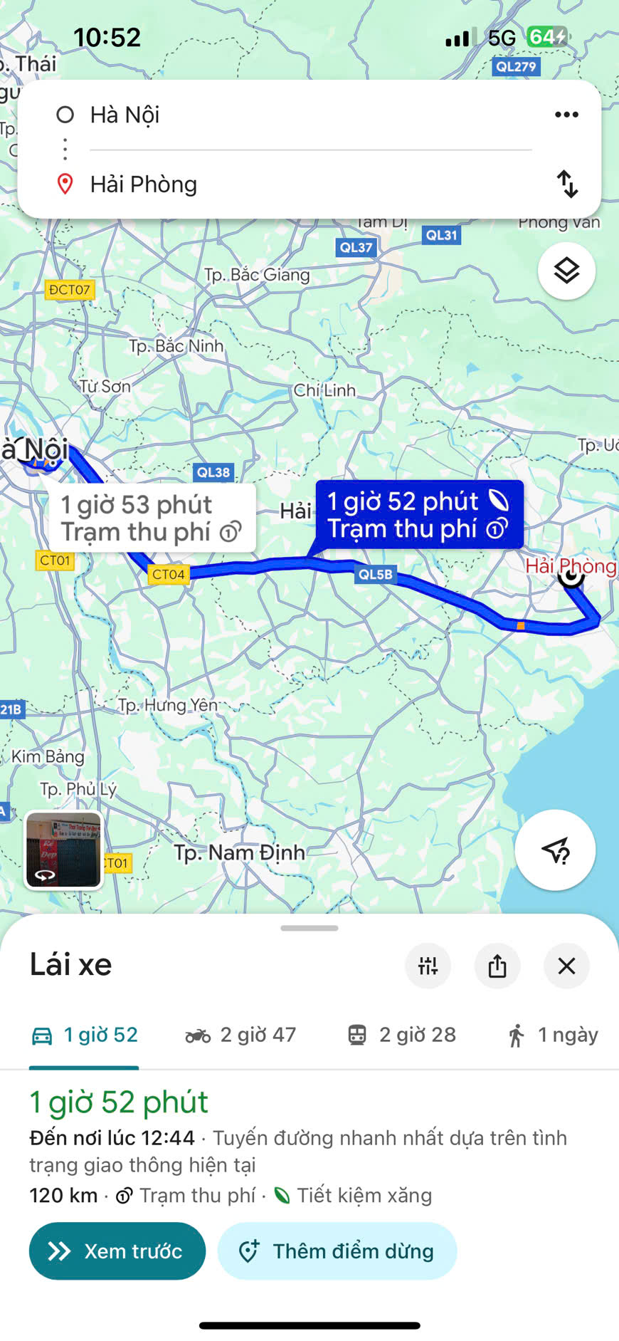 Hình ảnh minh họa khoảng cách từ Hà Nội đến Hải Phòng trên Google Maps
